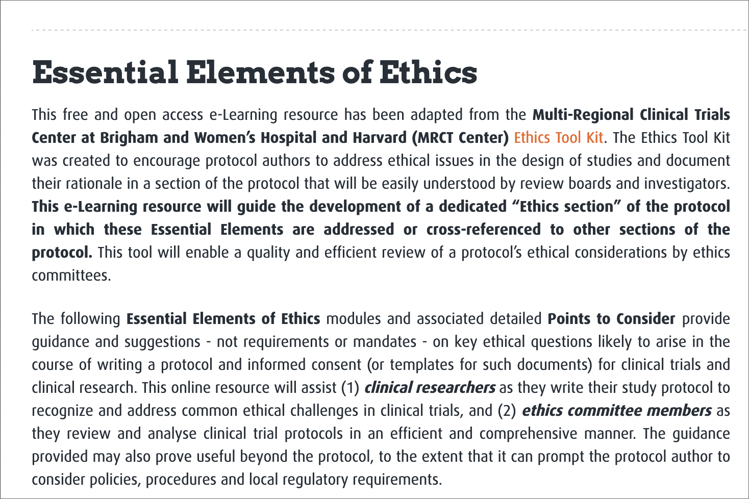 Essential Elements of Ethics ELearning The MultiRegional Clinical