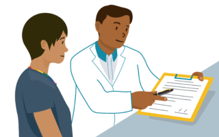 An illustrated example of informed consent shows a patient talking with a health professional in a lab coat at a countertop. The health professional is holding a clipboard with a sheet of paper that has a place for a signature and the date. The clinician is also holding a pen.
