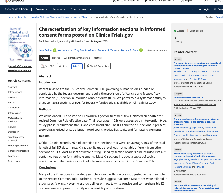 Characterization of Key Information Sections in Informed Consent Forms ...